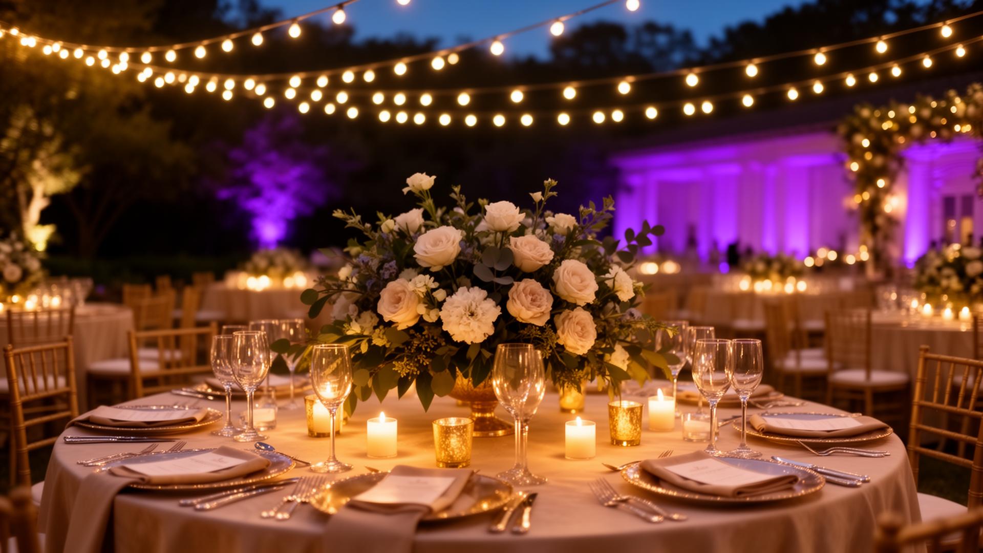 Beautiful outdoor event setup with string lights